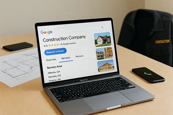 Contractor managing Google Business Profile with service info and reviews on screen