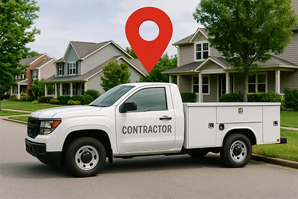 Contractor work truck parked in neighborhood with a location pin graphic representing local SEO visibility.