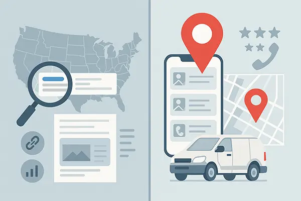 Illustration comparing national SEO and local SEO for contractors with maps, search icons, and service van visuals