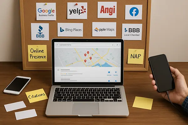 Contractor desk with laptop showing local search results and business directory logos pinned on corkboard
