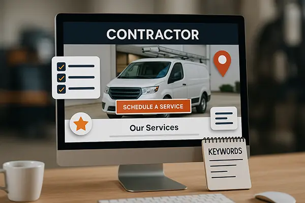 Desktop screen showing a contractor website with conversion-focused design elements and service content icons around it