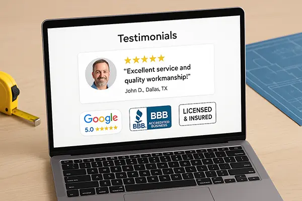 Contractor website displaying a 5-star testimonial and trust badges to build customer credibility