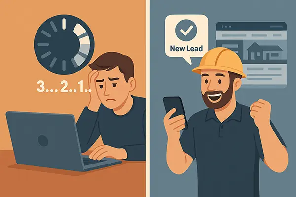 Contractor comparing slow and fast websites with a clear visual of website speed performance