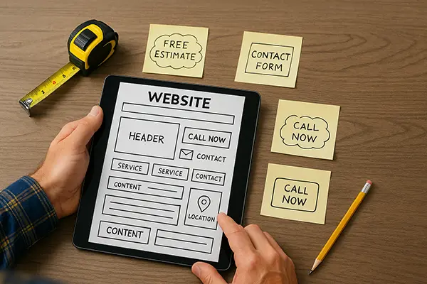 Contractor reviewing website layout on tablet surrounded by sketches of lead generation elements like call and quote buttons