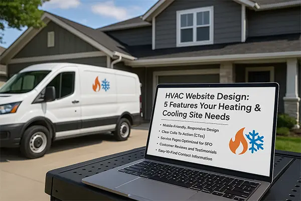 HVAC technician’s van and laptop showing a modern heating and cooling website design.
