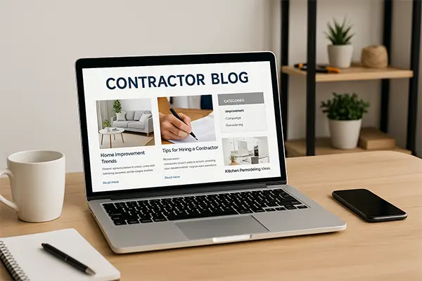 Wide-angle view of a modern workspace with a laptop showing a service business blog.