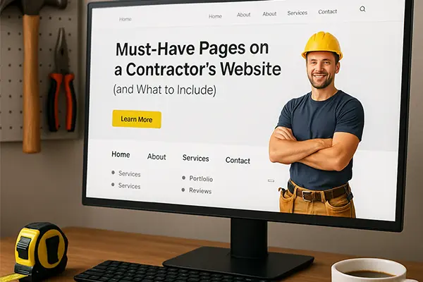 Wide-angle view of a contractor’s desk with website wireframes on a monitor and construction tools in the background.