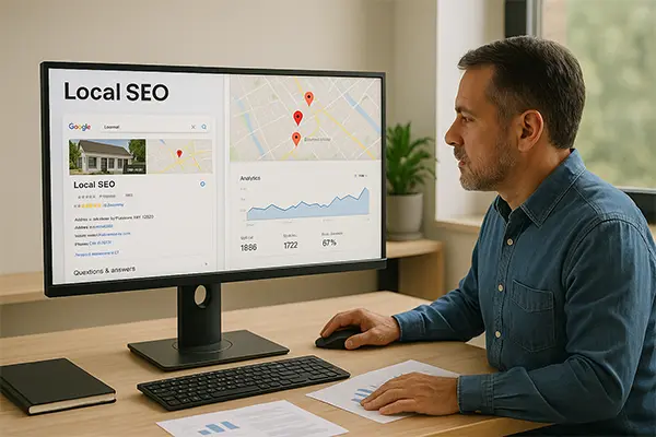 Business owner reviewing local SEO performance on computer with Google Business Profile and map results visible.