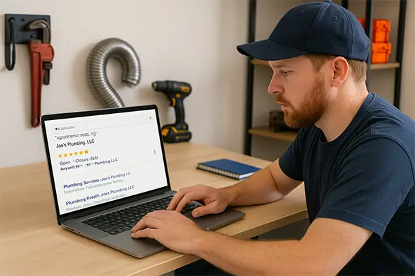 Contractor viewing local business schema on website with rich snippets in Google search results