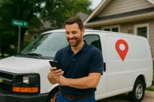Contractor checking phone outside work van in a residential area, symbolizing local "near me" search visibility.